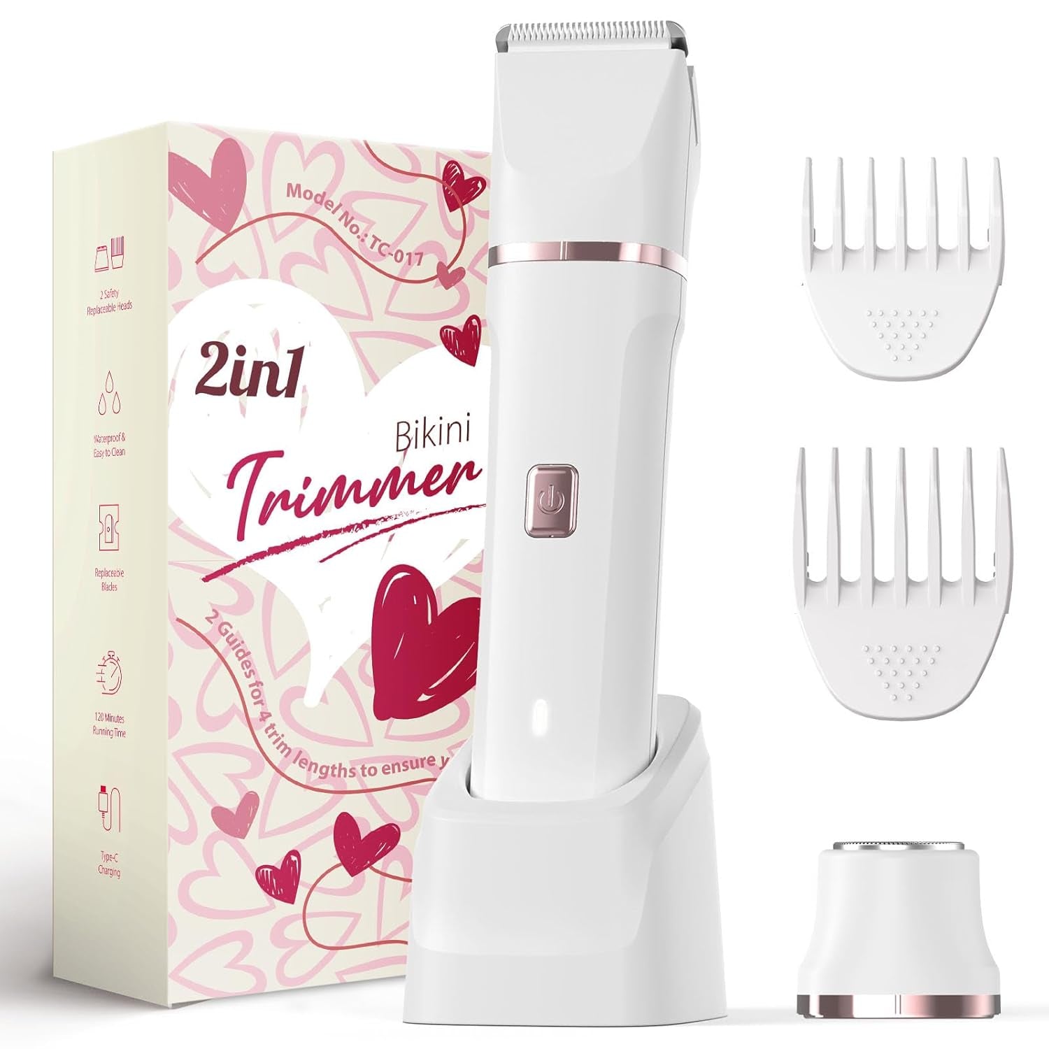 Bikini Trimmer for Women - Painless Electric Razors for Silk Skin,Cordless Body Shaver for Trip,Replaceable Lady Facial Razor, IPX7 Waterproof&Easy Cleaning, Ceramic Blade, USB Charge Dock Pink
