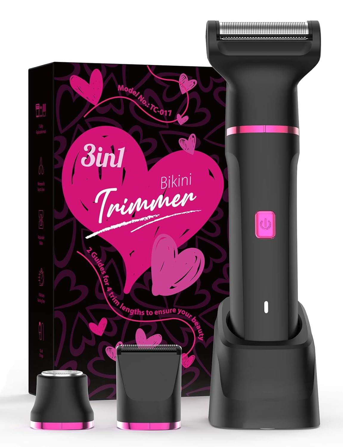 Bikini Trimmer for Women - Painless Electric Razors for Silk Skin,Cordless Body Shaver for Trip,Replaceable Lady Facial Razor, IPX7 Waterproof&Easy Cleaning, Ceramic Blade, USB Charge Dock Pink